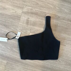 Babaton Navy One-Shoulder Ribbed Tank Top